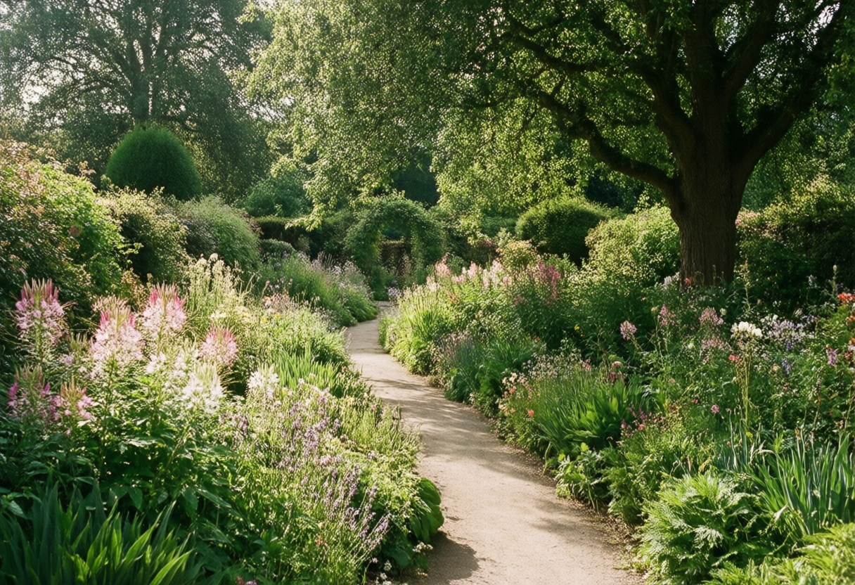 Pessoa a caminhar lentamente num jardim ao amanhecer